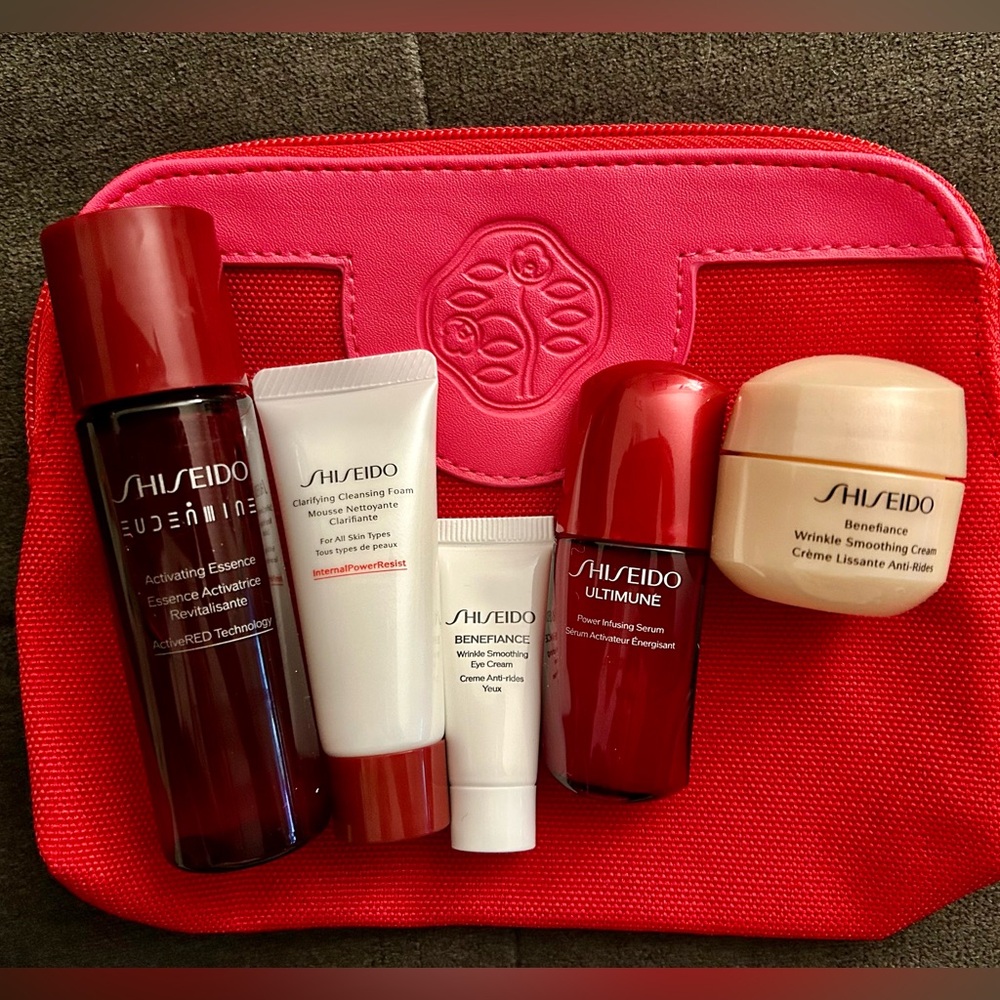 Bag of Shiseido trial size skin care